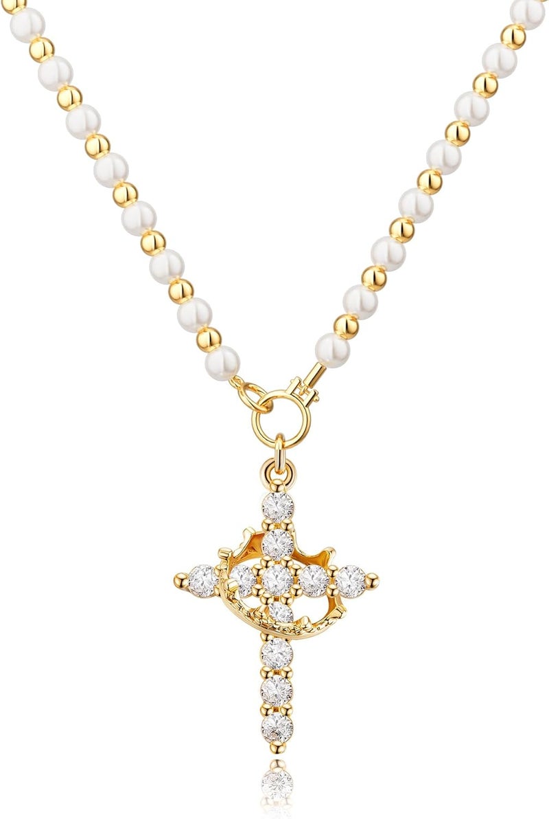 Robaice Upgraded Crown Cross Necklace for Women, 14K Gold Plated Crown Cross Pendant Necklace, Non-Tarnish Faith Jewelry for Women, Christian Religious Gifts for Her - Image 1